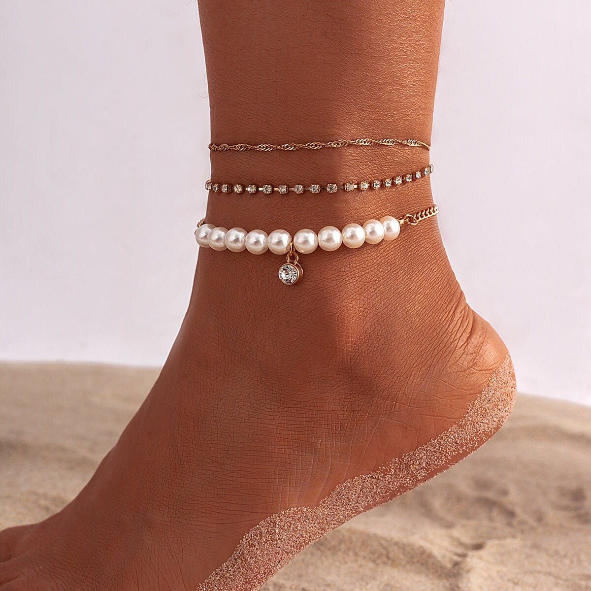 Bohemia CZ Inlaid Pearl Charm Stackable Anklet Set