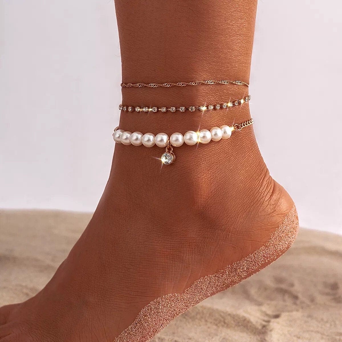 Bohemia CZ Inlaid Pearl Charm Stackable Anklet Set