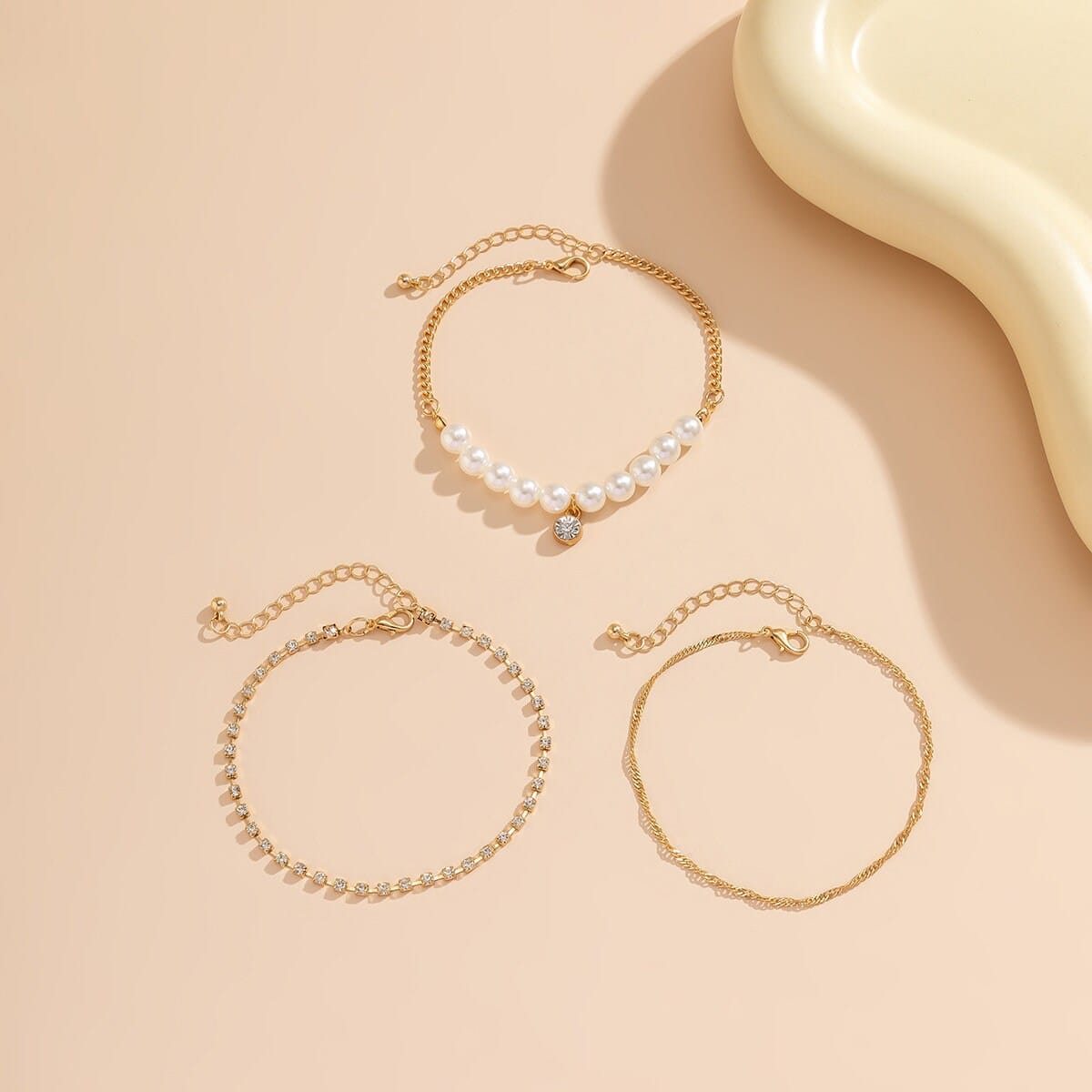 Bohemia CZ Inlaid Pearl Charm Stackable Anklet Set