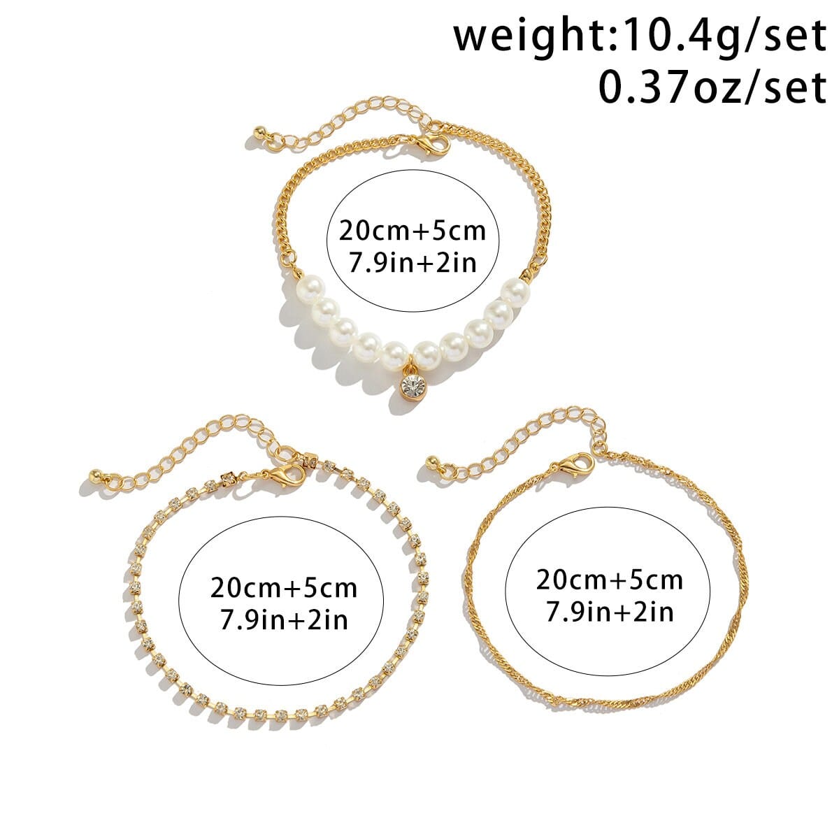Bohemia CZ Inlaid Pearl Charm Stackable Anklet Set